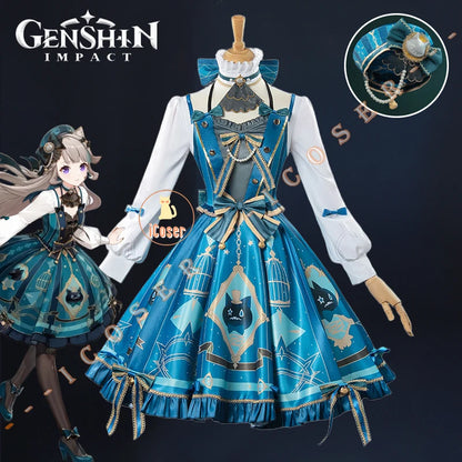 Genshin Impact Lynette Cosplay Costume Wig Dress Uniform Hat Magician Outfit Fontaine Halloween Party for Women Girls Game Props