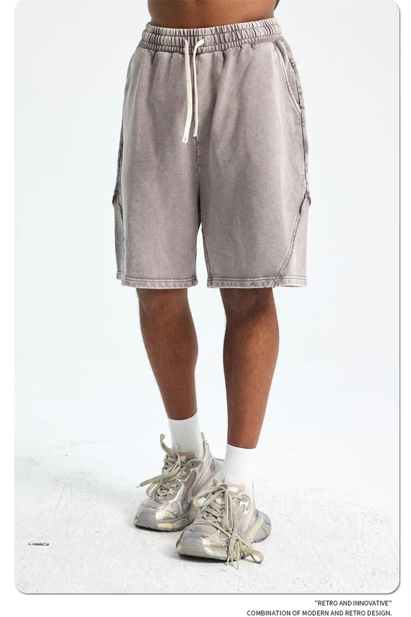 ZODF Retro Men Heavy-Weight Washed 430gsm Shorts Unisex High Street Patchwork Summer Distressed Cotton Shorts HY1035