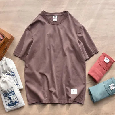 Summer New American Retro Short-sleeved O-neck Soild Color T-shirt Men's Fashion Simple 100% Cotton Washed Casual Sport Tops