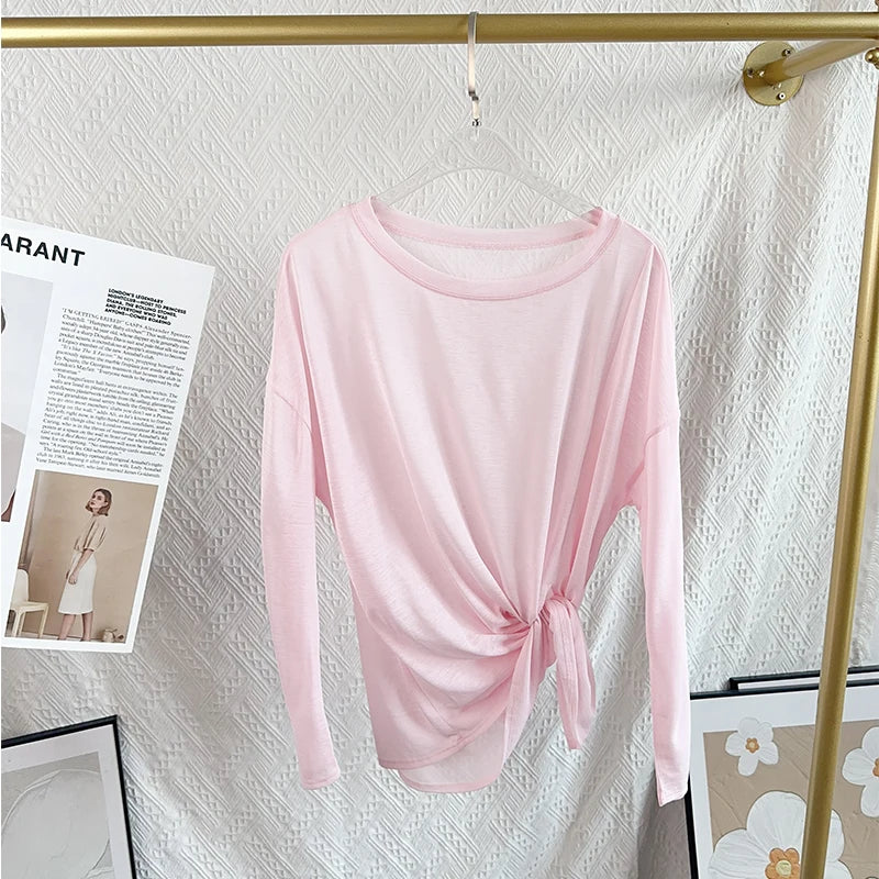 Women’s Long Sleeve Yoga Shirt O-Neck Breathable Loose Fit Sports Top for Running Pilates Gym Fitness - Pink / M