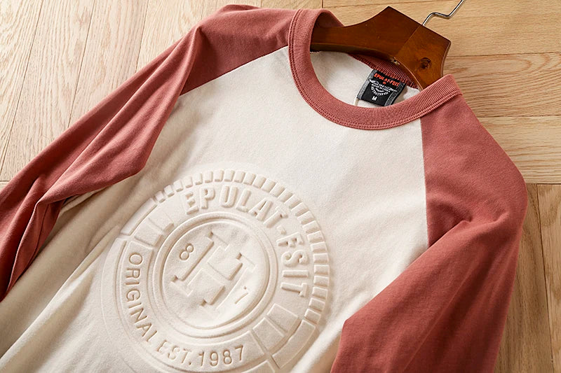 Summer New American Retro Long-sleeved O-neck 3D Letter Printed T-shirt Men's Fashion Simple 100%Cotton Washed Casual Sport Tops