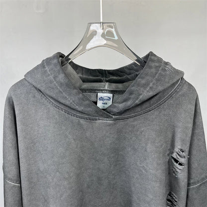 ZODF Vintage Winter Men Distressed 450gsm Hoodies Unisex High Street Ripped Holes Elastic Hem Hooded Pullovers Coat HY0932