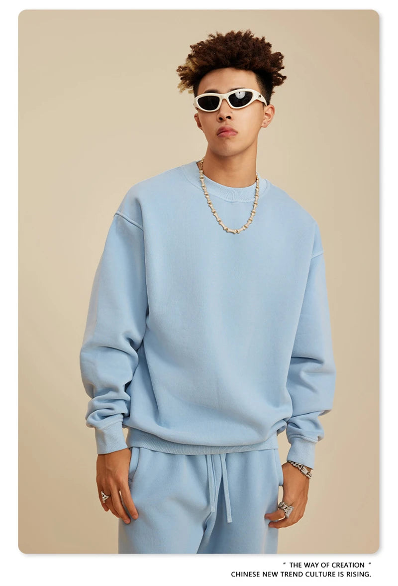 ZODF New Men Winter 355gsm Washed Fleece Sweatshirts Retro Unisex Oversized Solid O-Neck Warm Pullovers Coat Streetwears HY0639