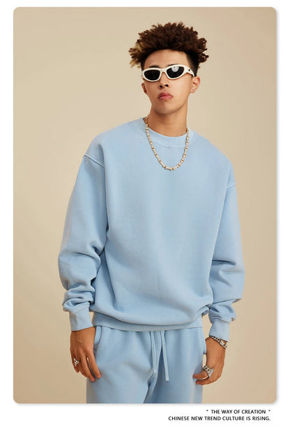 ZODF New Men Winter 355gsm Washed Fleece Sweatshirts Retro Unisex Oversized Solid O-Neck Warm Pullovers Coat Streetwears HY0639