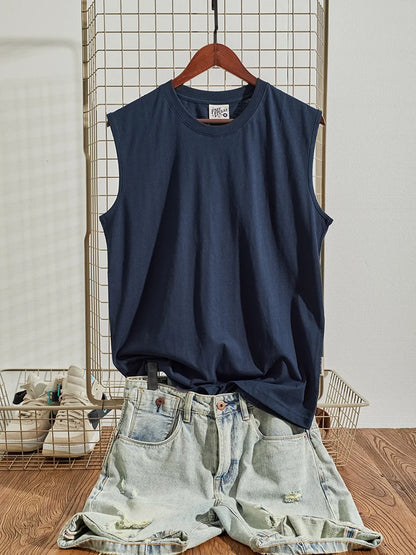 Summer New American Retro Sleeveless O-neck Soild Color T-shirt Men's Fashion 100% Cotton Washed Old Casual Sports Vest Tops
