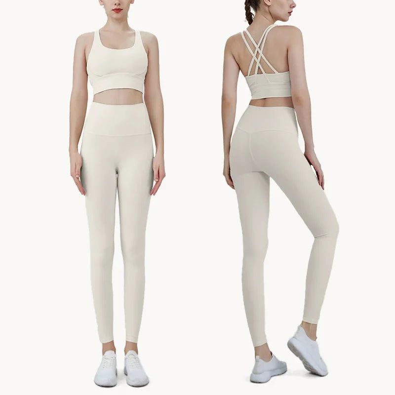 Women’s 2 Piece Yoga Set Sleeveless Cross Back Sports Bra and Leggings Athletic Tracksuit Pilates Fitness - White / L