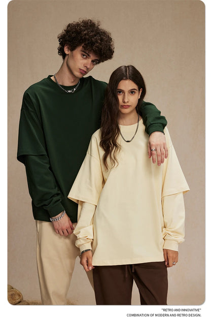 ZODF Fashion Spring Autumn Men 100% Cotton T-Shirt Unisex Fake 2-Piece 305gsm Solid Full Sleeve O Neck T Shirt Brand Tees HY0925