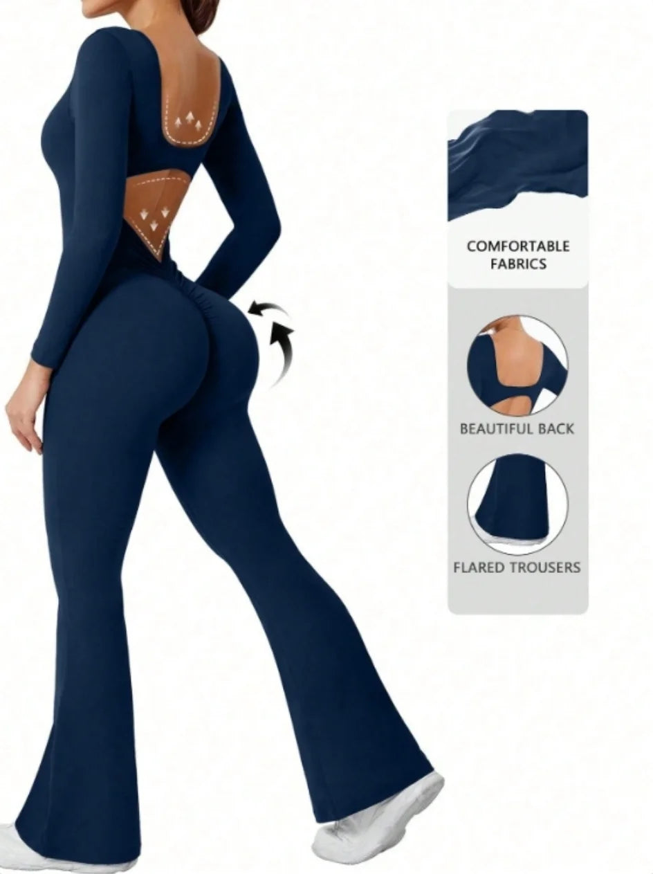 High Quality Solid Color Long Sleeve Compression Jumpsuit with Bell Bottom Pants Women’s Yoga Sportswear Push Up Set