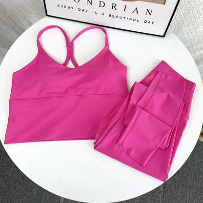 2 Piece Yoga Set Sportswear Fitness Suit with Sexy Cross Back Top and High Waist Elastic Leggings for Running Workout