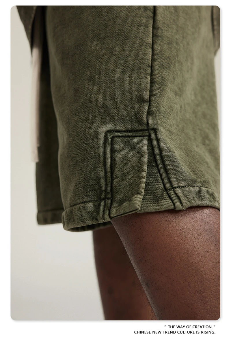 ZODF 2024 Summer Men 350gsm Washed Cotton Shorts Unisex Retro High Street Loose Side Slit Short Pants Streetwears HY0839