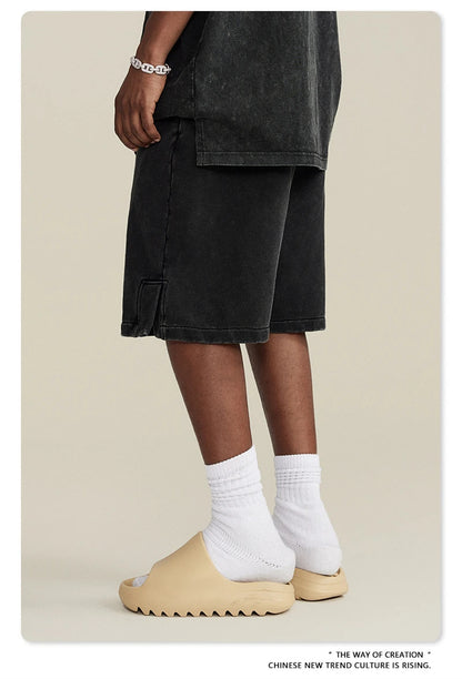 ZODF 2024 Summer Men 350gsm Washed Cotton Shorts Unisex Retro High Street Loose Side Slit Short Pants Streetwears HY0839