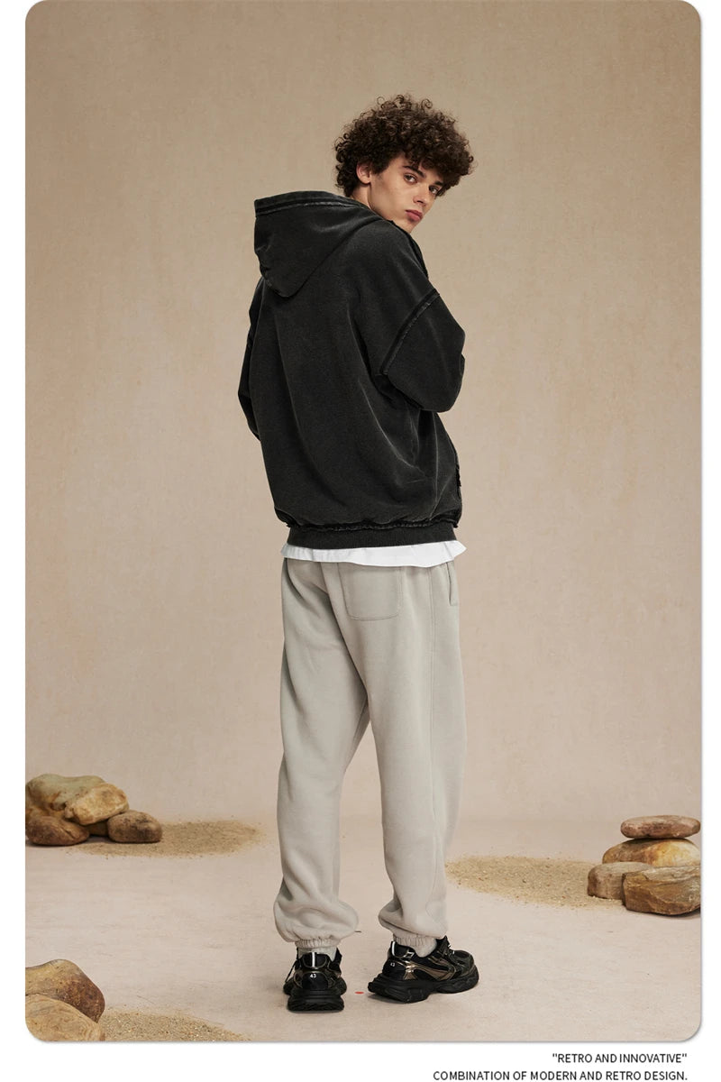 ZODF Retro Men's Heavyweight 450gsm Zipper Hoodies Unisex Loose Distressed Washed Batik Knitted Hooded Coat Jacket HY0889