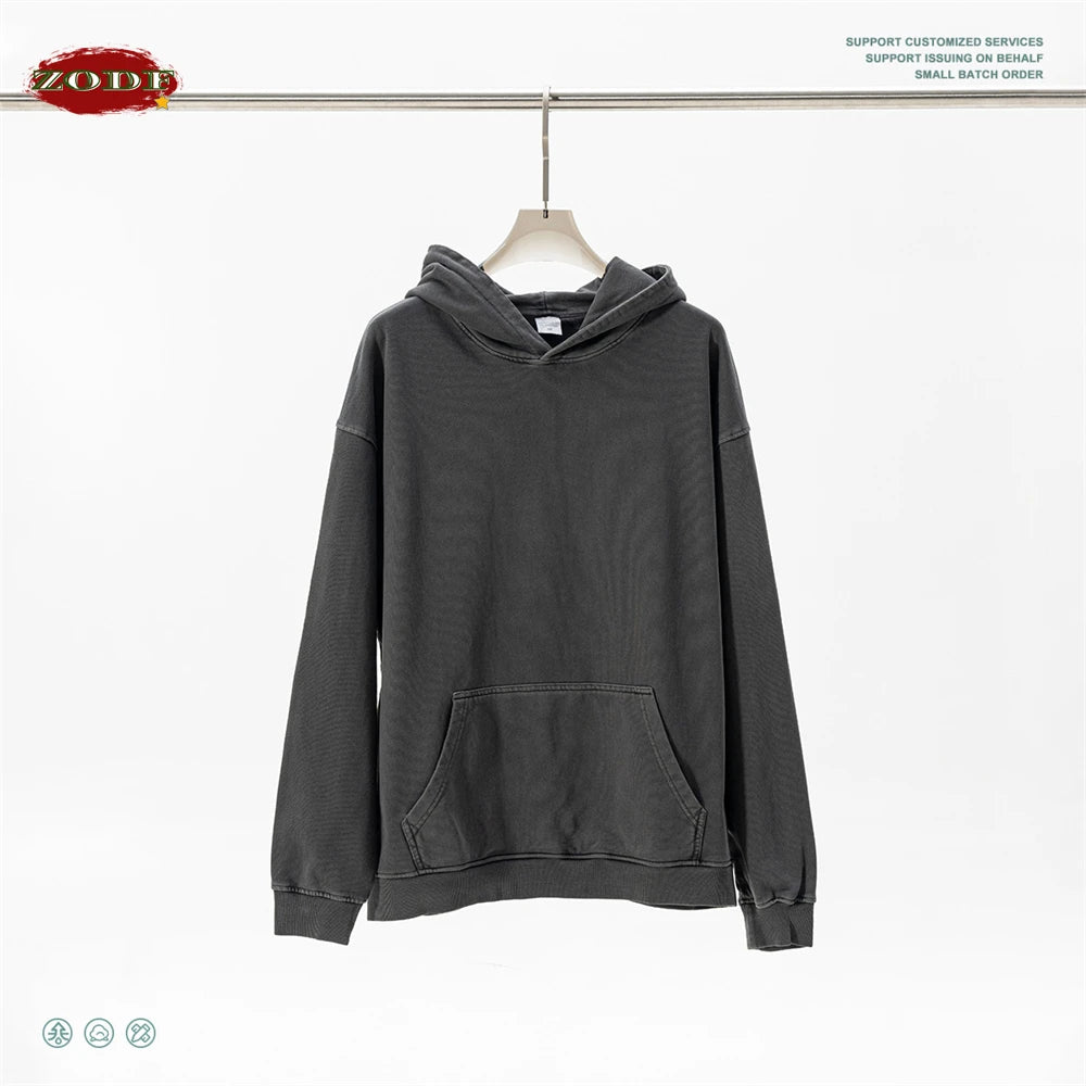 ZODF Retro Heavy Weight 480gsm Cotton Hoodies For Man Unisex Oversized Washed Distressed Hooded Pullovers Brand Coats HY1115