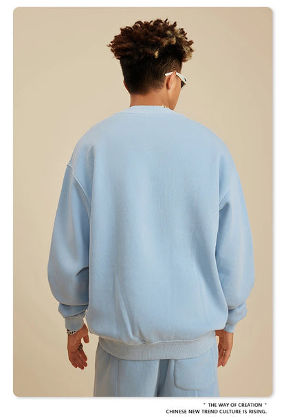 ZODF New Men Winter 355gsm Washed Fleece Sweatshirts Retro Unisex Oversized Solid O-Neck Warm Pullovers Coat Streetwears HY0639