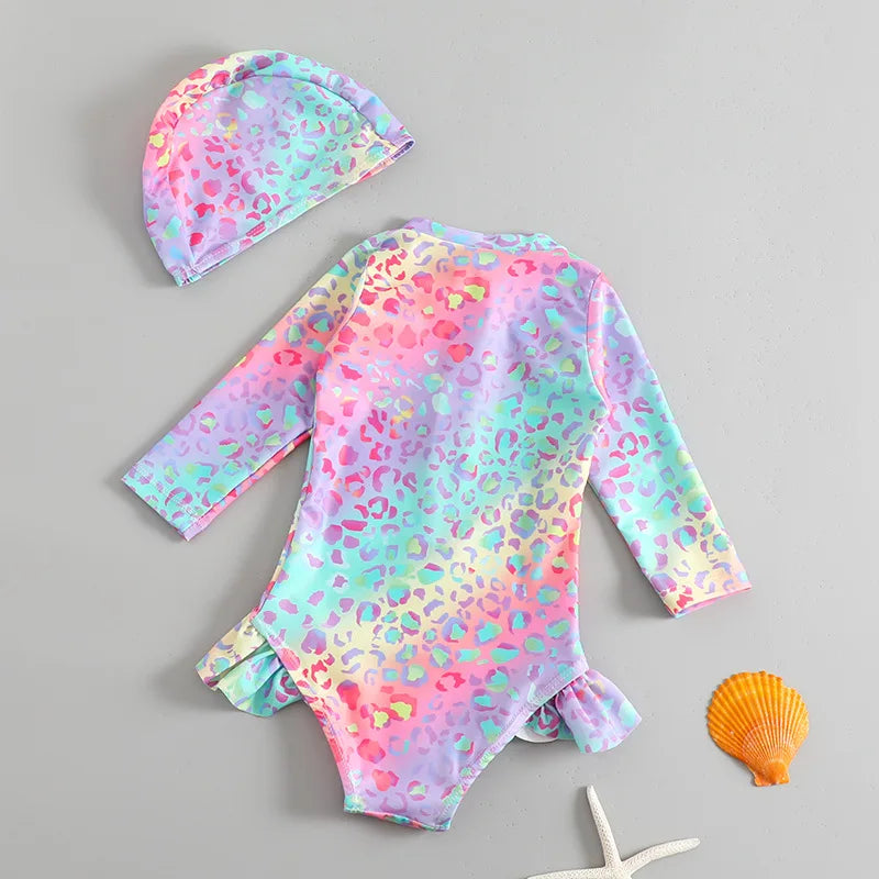 Toddler Girls Swimsuit with Sun Hat Set 1 to 2 3 4 5 6 Years Leopard Ruffle Sleeve Zip Up One-pieced Swimwear Beachwear for Baby