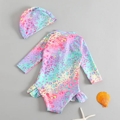 Toddler Girls Swimsuit with Sun Hat Set 1 to 2 3 4 5 6 Years Leopard Ruffle Sleeve Zip Up One-pieced Swimwear Beachwear for Baby