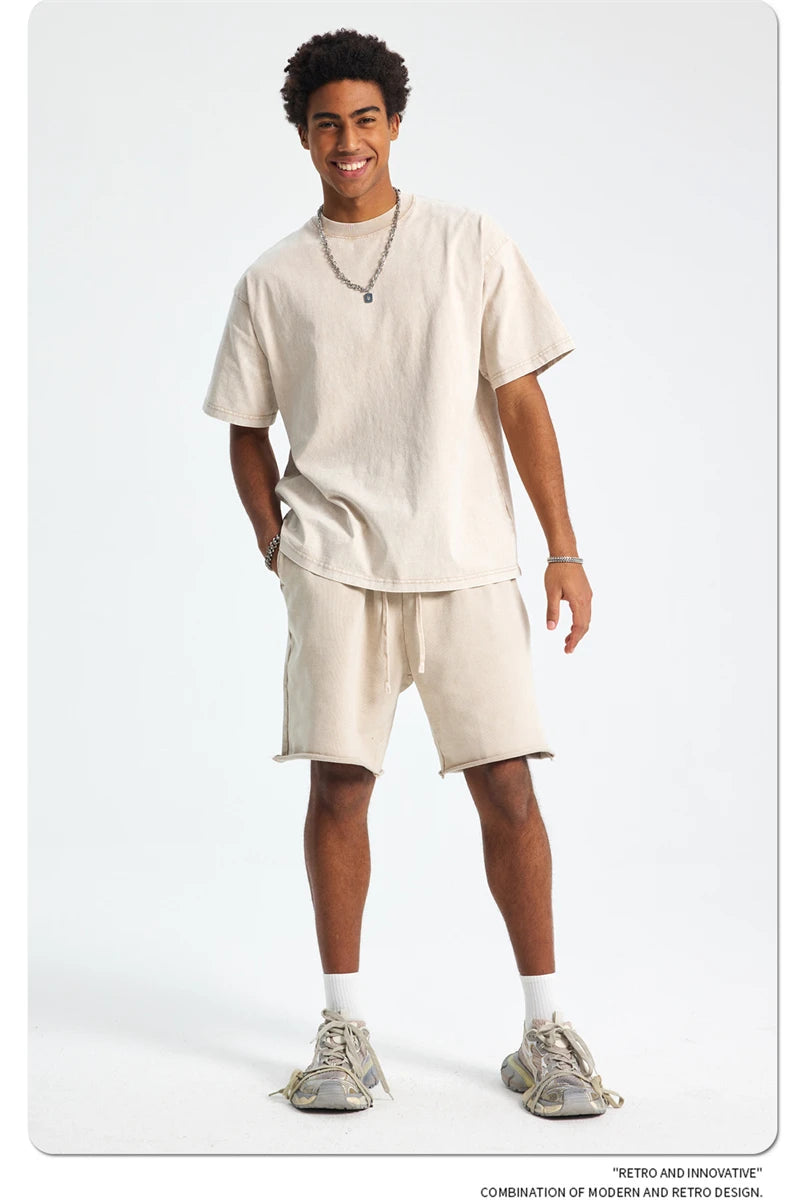 ZODF 2025 High Street Summer Washed Cotton Unisex Loose Retro Solid T-Shirt HY0113