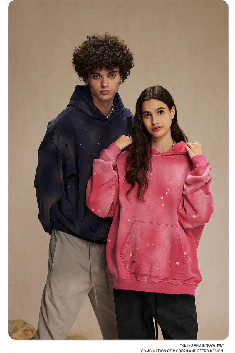 ZODF Autumn Winter Spray Dyeing Ink Splashing Hoodies For Men Unisex 450gsm Washed Oversized Knitted Hooded Pullovers HY0908