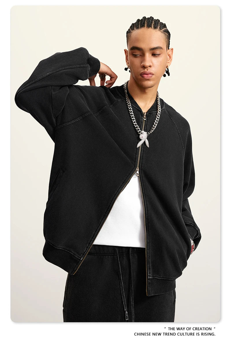 ZODF New Winter Washed Double Zipper Jackets For Men Unisex Loose Heavy Weight 450gsm Raglan Sleeve Cotton Coats HY0654