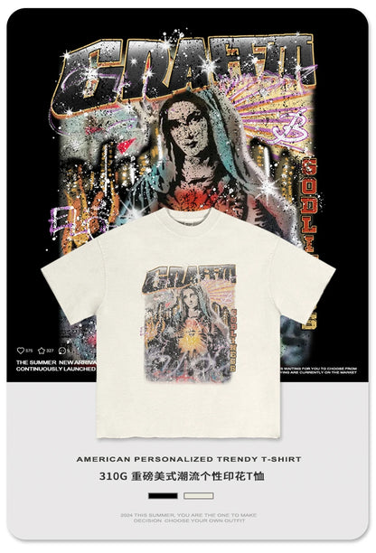 ZODF 2024 Summer 310GSM Cotton T-Shirts For Men Unisex Washed Comfortable High Street Printing T Shirt Tees HY0463