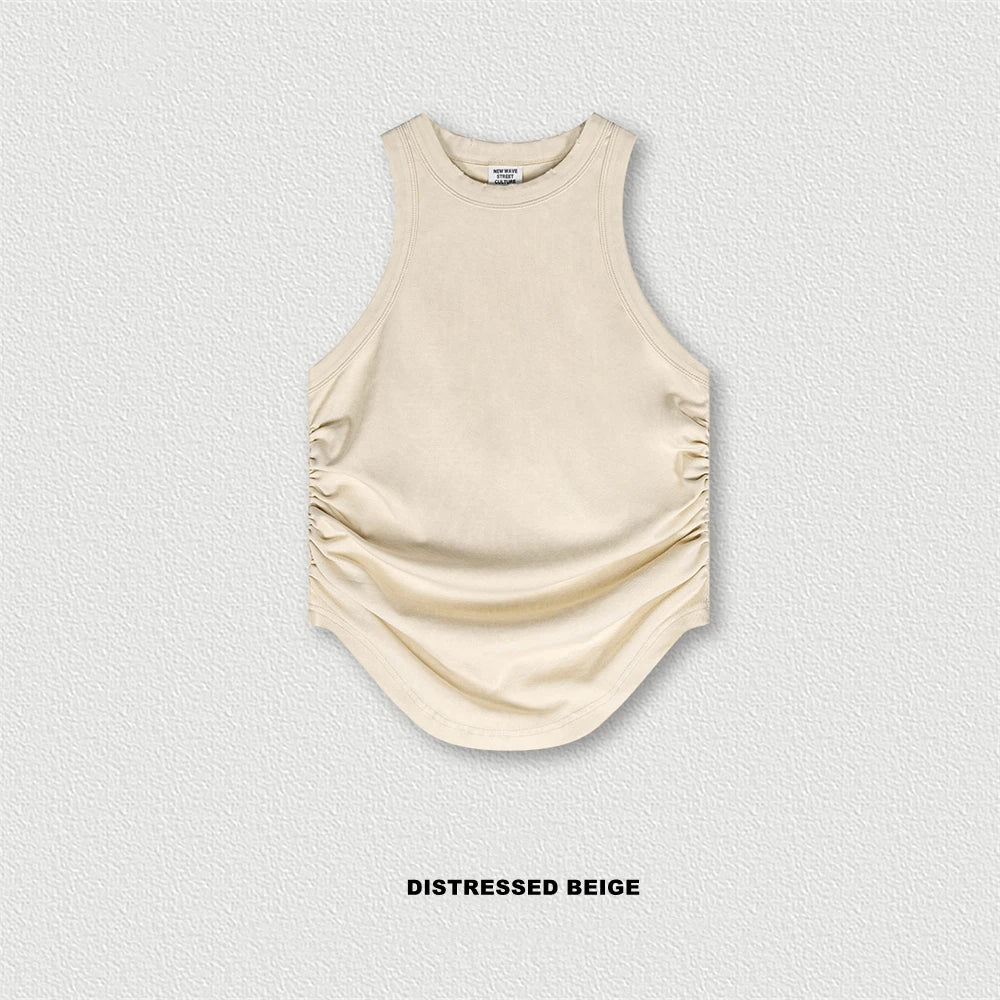 ZODF Women 2024 Summer Washed Tank Tops Female Hotsweet Girls 235gsm Slim Pleated Arc Hem Camisole TEE Streetwears HY0795