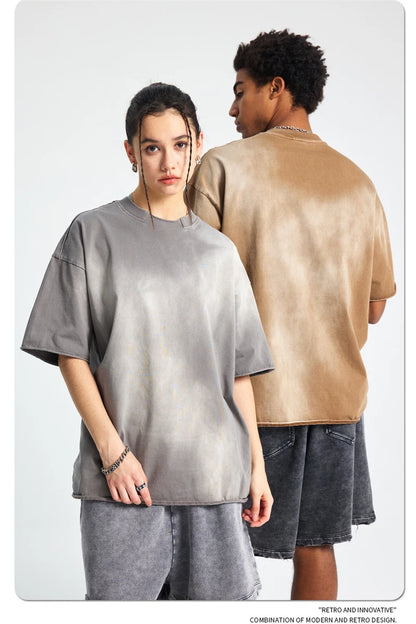 ZODF Retro Summer Men Washed 100% Cotton T-Shirts Unisex High Street Oversized Distressed Broken Neck T Shirt Brand Tees HY1050