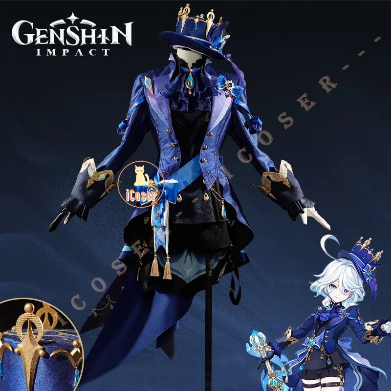 iCoser Focalors Furina Cosplay Costume Wig Dress Genshin Impact Fontaine Uniform Hat Pneuma Ousia God of Justice for Women Props