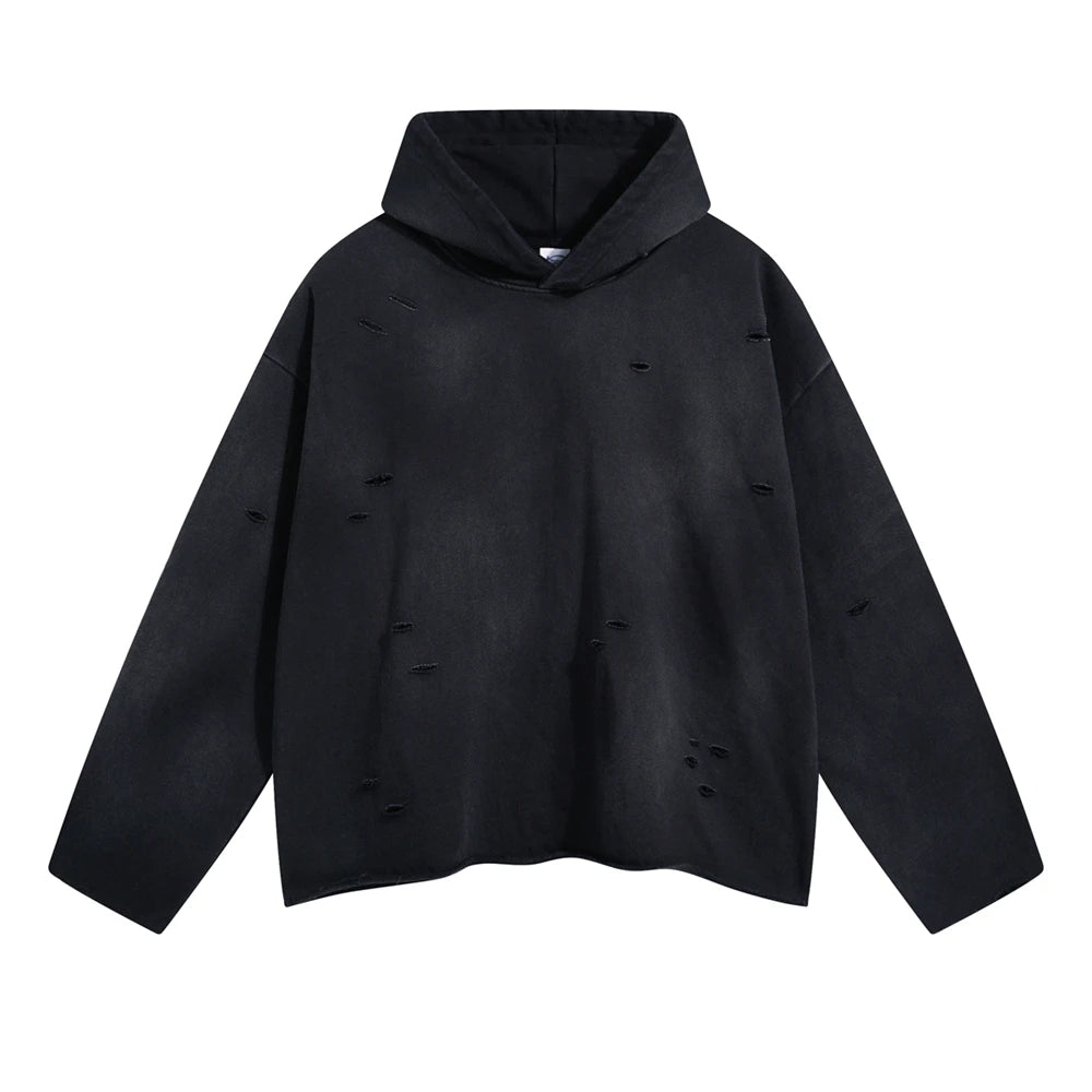 ZODF New Autumn Winter Men Monkey Washed Hoodies Unisex Disstressed Ripped Heavyweight Knitted 450gsm Hooded Pullovers HY0909