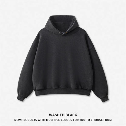 ZODF Vintage 350gsm Man Washed Boxy Fleece Hoodie Unisex Loose Ripped Warm Button Winter Hooded Pullovers Brand Clothing HY0053