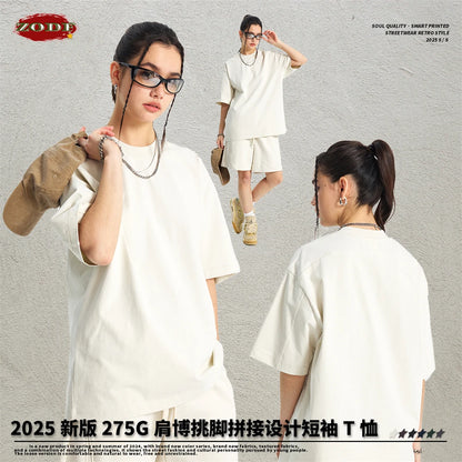 ZODF Trendy 2025 Men 275gsm Cotton T-Shirts Unisex Summer Patchwork Solid O Neck T Shirt Brand Tees HY1045