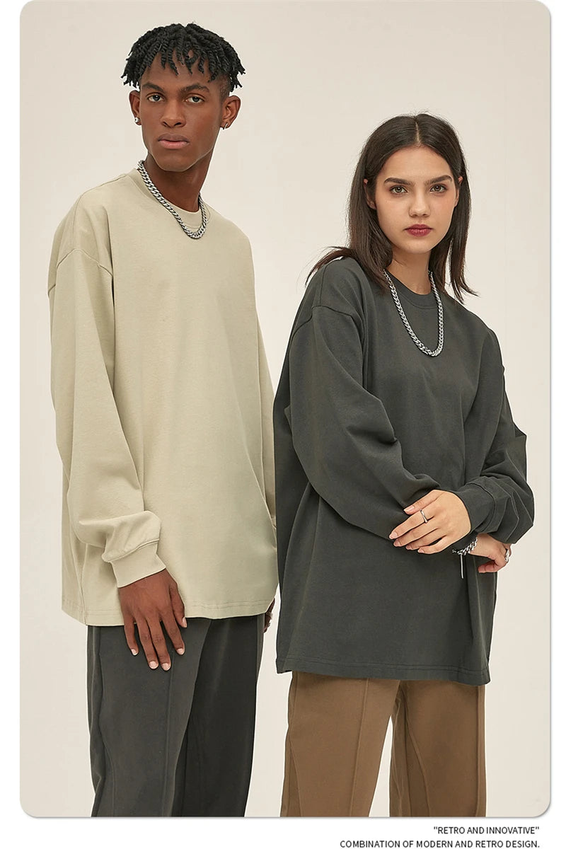 ZODF New 2025 Autumn Men 305gsm 100% Cotton T Shirt Unisex Loose Heavy Weight Basic Long Sleeve Solid T-Shirts Tops HY0634