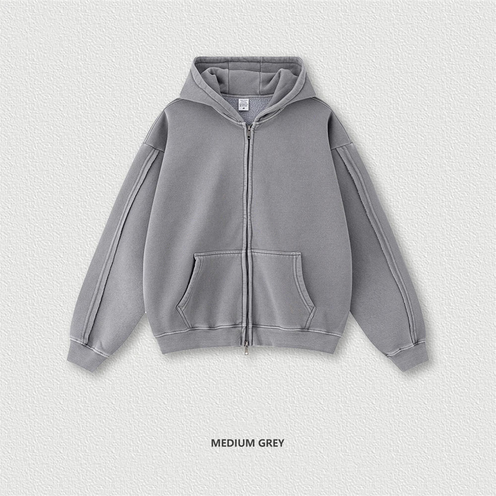 ZODF Retro 2025 Autumn Winter Unisex Zipper Fleece Hoodie 400gsm Washed Batik Warm Hooded Coat HY1084 - GRAY / M