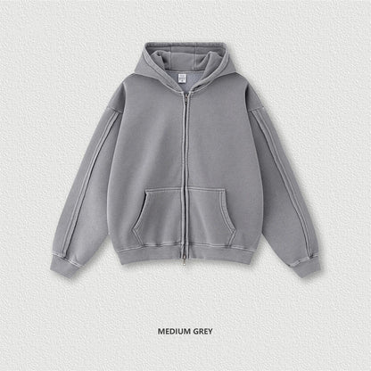 ZODF Retro 2025 Autumn Winter Unisex Zipper Fleece Hoodie 400gsm Washed Batik Warm Hooded Coat HY1084 - GRAY / M