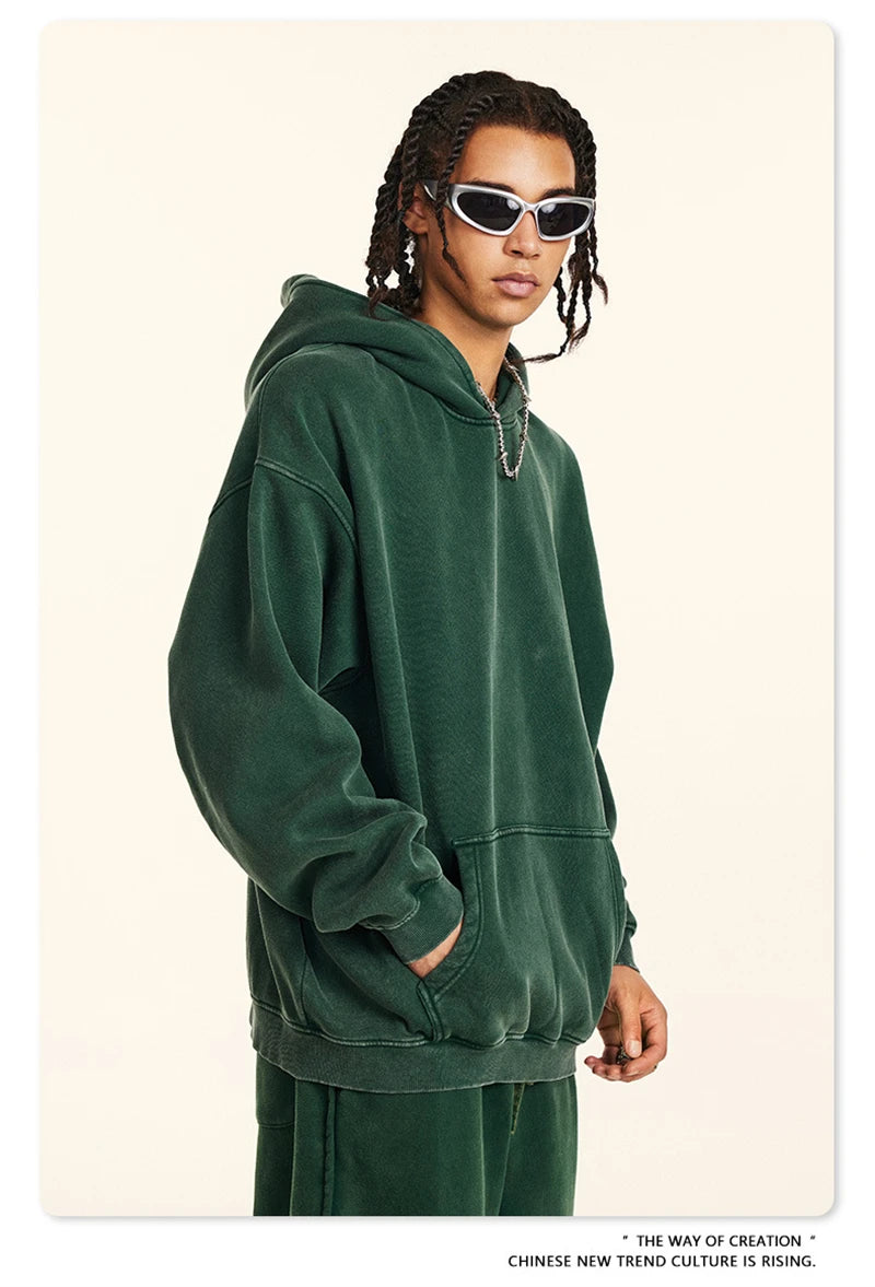 ZODF Retro Men’s Winter Washed Fleece Hoodie 360gsm Warm Knitted Loose Hooded Pullover Streetwear HY0887