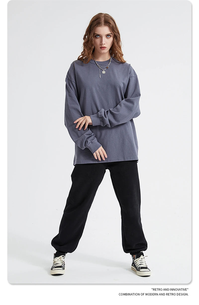 ZODF Retro Autumn Full Sleeve Washed 100% Cotton T-Shirts For Men Unisex Solid Casual Loose 310gsm Tee Brand Tops HY0405