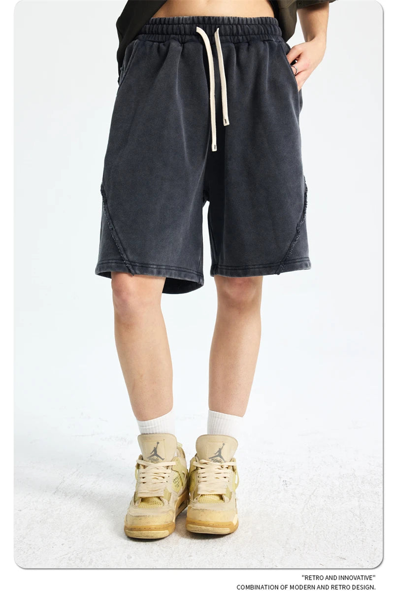 ZODF Retro Men Heavy-Weight Washed 430gsm Shorts Unisex High Street Patchwork Summer Distressed Cotton Shorts HY1035