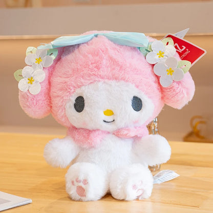 Sanrio Plush Doll Flower Series Cute Cinnamoroll Melody Plush Pendant Kawaii Hello Kitty Kuromi Plush Stuffed Doll Kid Xmas Gift