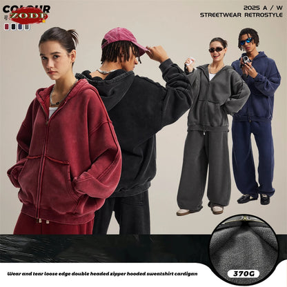 ZODF Vintage Man's Batik Washed Fleece Zipper Hoodie Unisex Winter Warm Distressed Hooded Coat Pullovers Brand Clothing HY1146