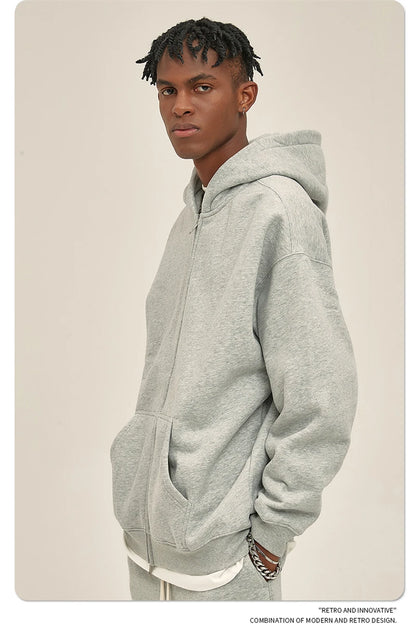 ZODF New Men Double Headed Zipper Fleece Hoodies Unisex Loose Basic Solid Warm Hooded Sweatshirts Coats For Winter HY0633