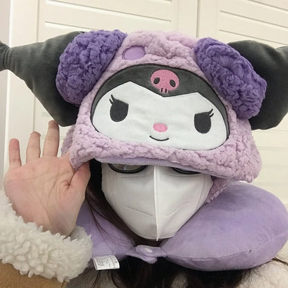 Stuffe Anime Hooded U-shaped Neck Pillow Hello Kitty Kuromi My Melody Travel Blackout Neck Pillow Office Nap Pillow Girl