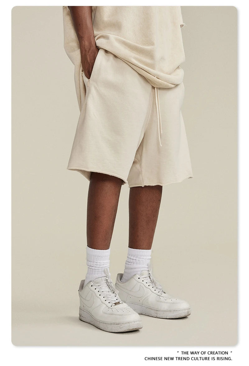 ZODF New Summer Men Retro Washed Shorts Unisex Drawstring Loose Edge 420gsm Solid Knee Length Cotton Pants Streetwears HY0589
