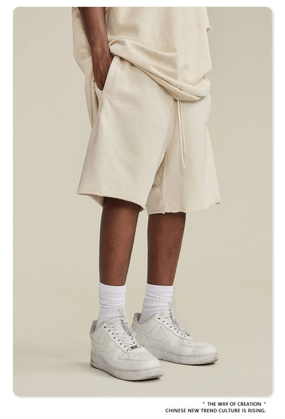 ZODF New Summer Men Retro Washed Shorts Unisex Drawstring Loose Edge 420gsm Solid Knee Length Cotton Pants Streetwears HY0589