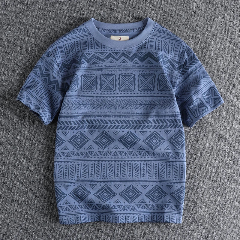 6013# Summer New American Retro Short Sleeve O-neck Geometric Printed T-shirt Men's Fashion 100% Cotton Washed Loose Casual Tops