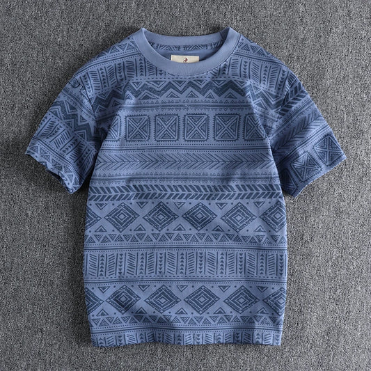 6013# Summer New American Retro Short Sleeve O-neck Geometric Printed T-shirt Men's Fashion 100% Cotton Washed Loose Casual Tops