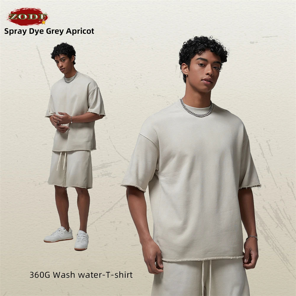 ZODF Spring Summer Men Washed Spray Dyeing T Shirts Unisex Heavy Weight Plush Distressed 360gsm T-Shirt Brand Tops HY0780