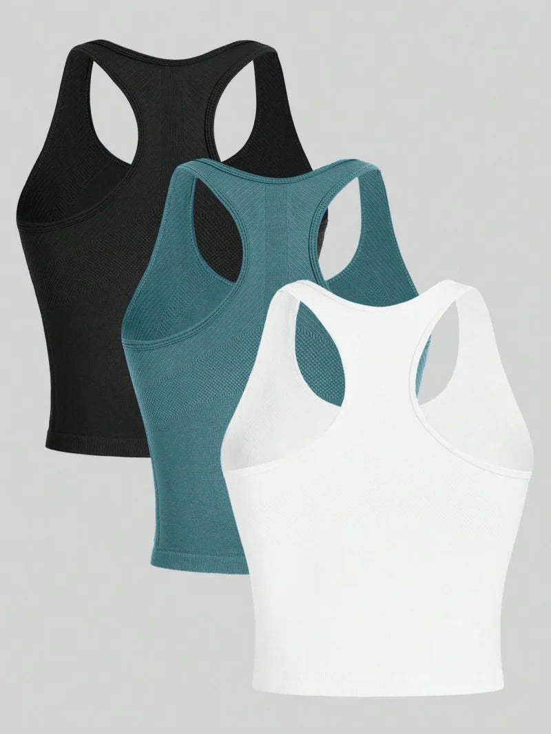 3 Piece Women’s Yoga Vest Set Seamless Racerback Crop Tops Rib Knit Breathable Workout Tank Top