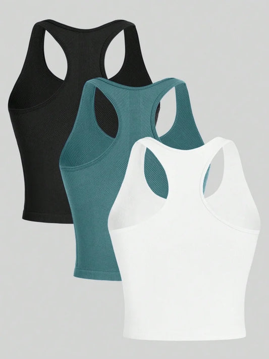 3 Piece Women’s Yoga Vest Set Seamless Racerback Crop Tops Rib Knit Breathable Workout Tank Top
