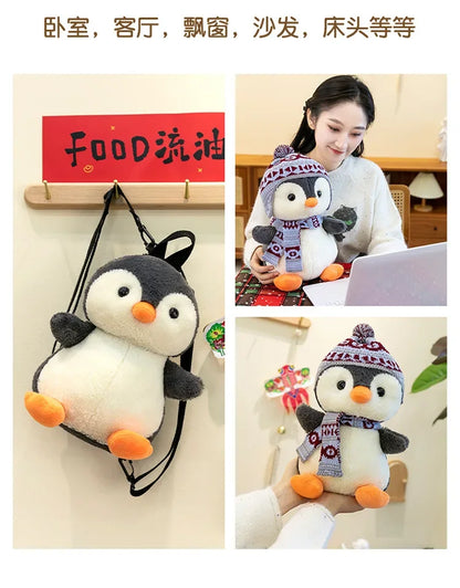 20-35cm Cute Penguin Wear Hat & Scarf Plush Toys Stuffed Animal Penguin Backpack Bags for Kids School Birthday Gift Xmas Decor