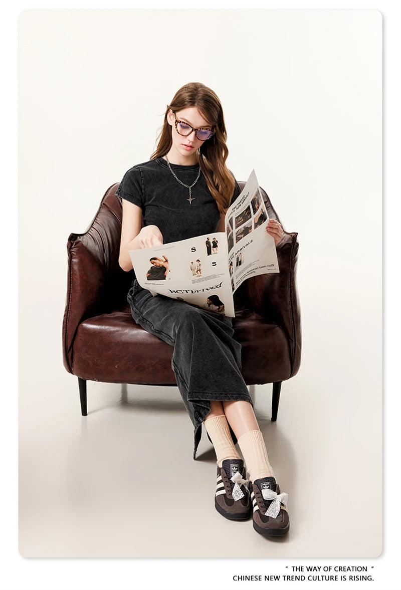 ZODF Retro 2025 Summer Women 285gsm T-Shirts Hotsweet Girls Sexy Slim Fit Washed Distressed T Shirt Brand Tees HY1013