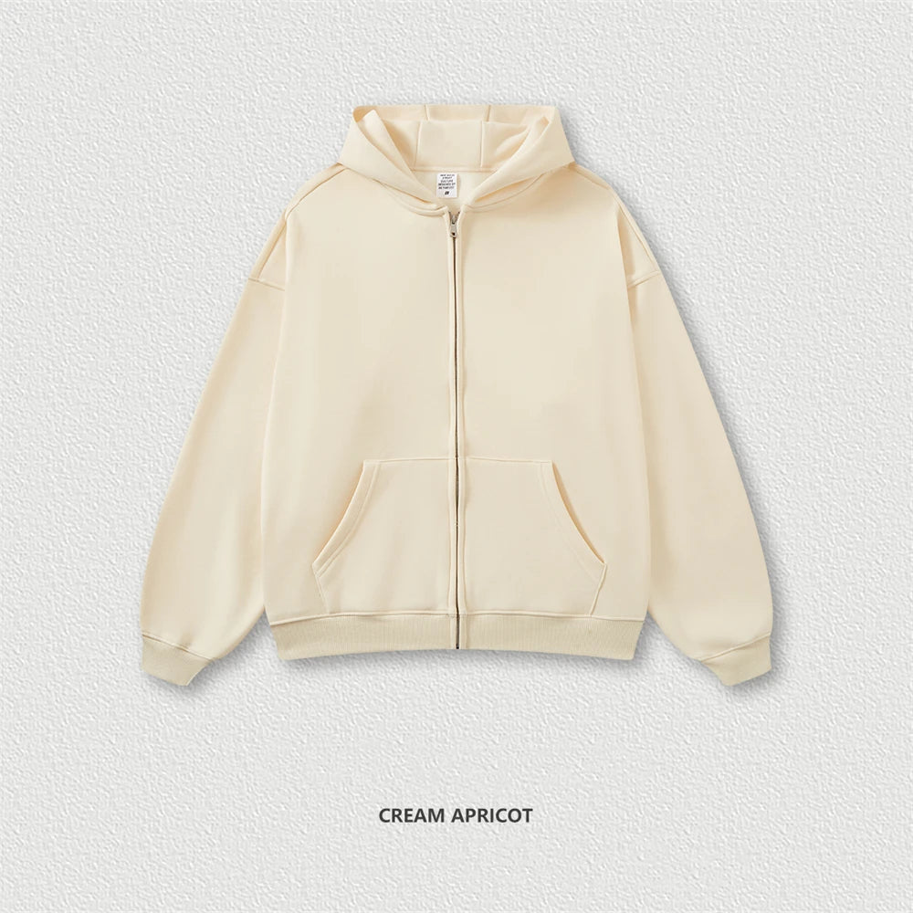 ZODF New Winter Men Zipper Fleece Hoodies Unisex Loose Heavy Weight Thick Warm Basic 420gsm Hooded Coats Hoodie HY0747